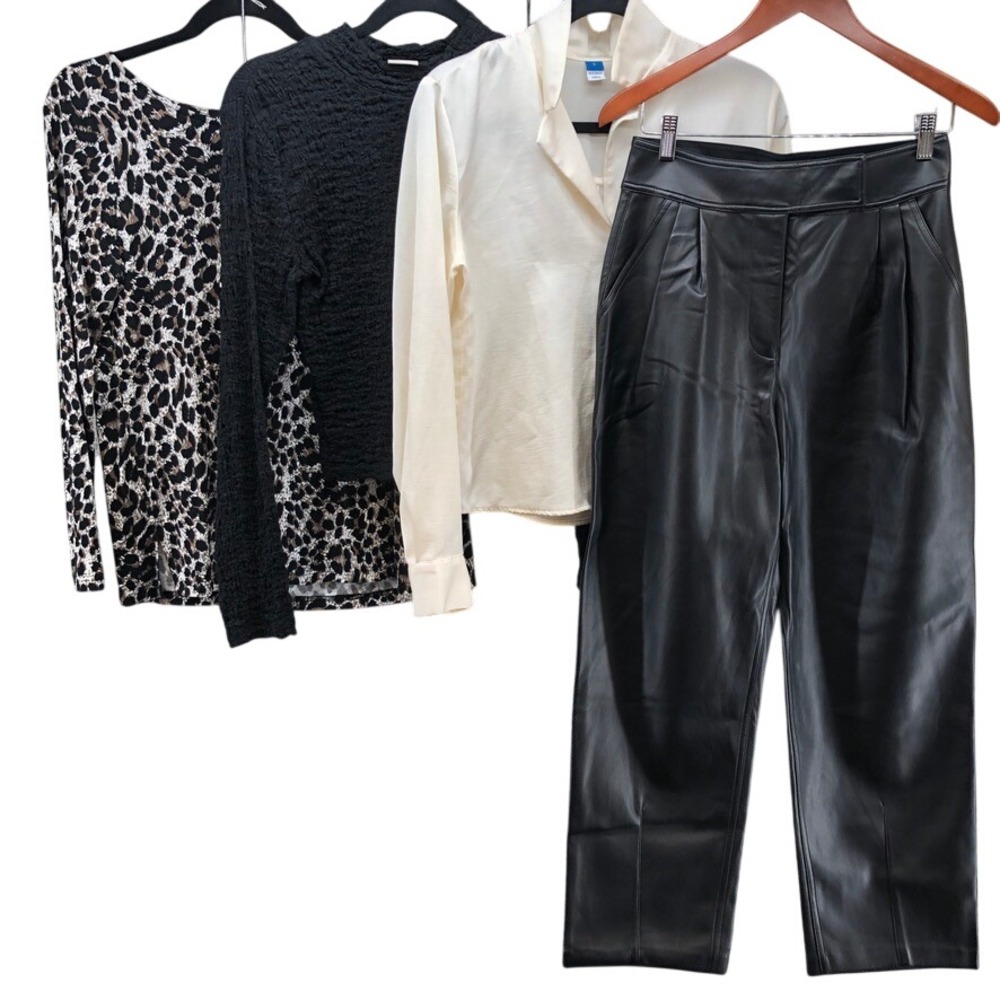 Edgy Career Lot Womens Small Faux Leather Pants Leopard Blouse Trendy Wide Leg